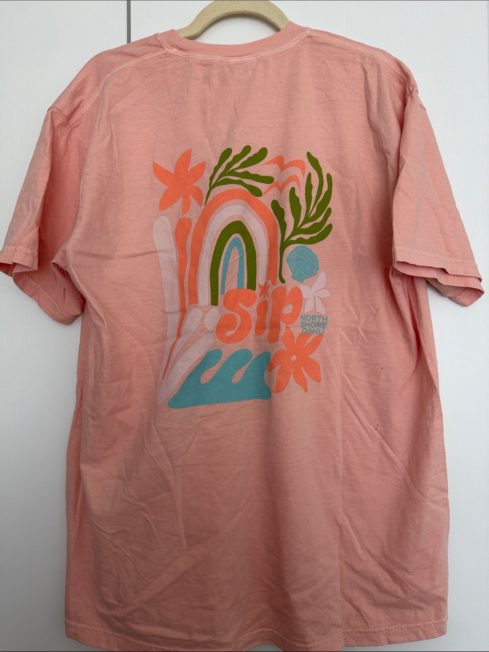 Comfort Colors Sip Graphic T-Shirt Peach Pink Rainbow Back Print Women’s XL